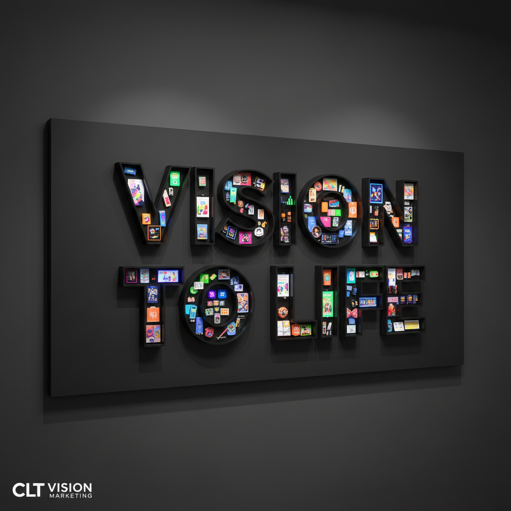 A sleek black wall installation with the words “VISION TO LIFE” formed from thick, glossy acrylic letters, each letter filled with miniature, ultra-detailed marketing scenes: tiny billboards, glowing mobile screens with ad creatives, bold packaging miniatures, and colorful brand mood boards. The wall surface is matte charcoal, making the inner scenes glow with saturated neon colors. Soft, directional gallery lighting from above highlights subtle shadows beneath each letter and creates a museum-like focus. Captured in photographic realism from a straight-on perspective with slight depth, the atmosphere is confident and artistic, illustrating how CLT VISION MARKETING turns abstract vision into tangible, multi-channel creative campaigns.
