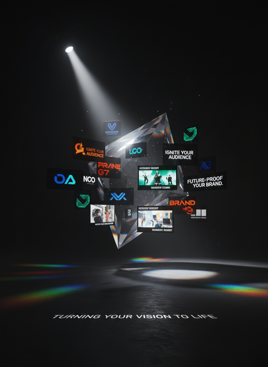 An ultra-realistic scene of a dark studio where a floating translucent crystal prism projects luminous marketing concepts into the air: crisp logos, campaign headlines, storyboard frames, and stylized brand color palettes. The prism itself has razor-sharp edges and a subtle rainbow refraction along its facets. Intense, focused white light beams in from the top left, scattering through the prism and casting colored light streaks across a matte black floor etched faintly with the phrase “TURNING YOUR VISION TO LIFE.” Shot at eye level with a centered composition, the mood is visionary, bold, and futuristic, emphasizing transformation of raw ideas into vivid marketing realities.