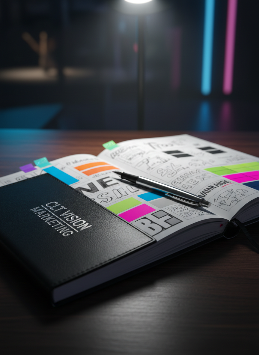A photorealistic close-up of a luxurious black notebook embossed with “CLT VISION MARKETING” in metallic silver, lying open on a dark wood table. Inside, vivid hand-drawn campaign sketches, bold typography explorations, and colorful brand mood strips are meticulously arranged, with iridescent sticky tabs marking key ideas. A chrome pen rests diagonally across the page, catching a sharp highlight from a single overhead spotlight. The surrounding area fades into soft blur, with just a hint of neon blue and magenta glow suggesting a modern studio environment. Shot from a slightly elevated angle with shallow depth of field, the mood is focused, visionary, and intensely creative, embodying the birth of bold marketing concepts.