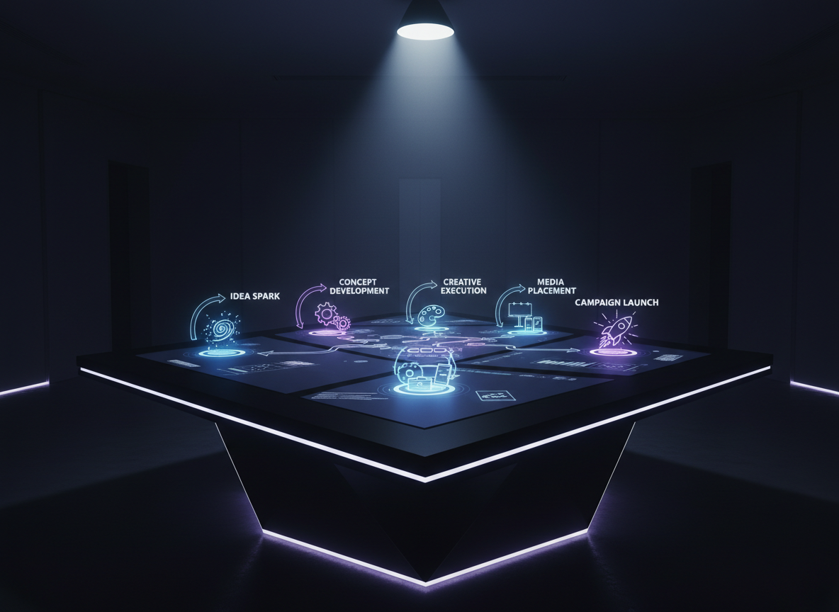 A futuristic black conference table shaped like a sharp polygon, its surface turning into a luminous digital interface displaying a live brand journey map. Animated-looking but photorealistic arrows, icons, and bold labels trace a path from idea spark to full campaign launch across screens, billboards, and digital platforms. The room around is minimalist and dark, with only subtle neon edge lighting outlining the table’s geometry. A cool, focused spotlight from above emphasizes the glowing interface while plunging the surroundings into controlled shadow. Shot from a low, dynamic angle toward one corner of the table, the image has a bold, cinematic presence that conveys strategic, end-to-end creative marketing planning.