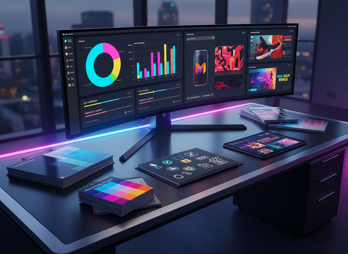 A high-tech creative workspace featuring a large ultra-wide monitor displaying a vibrant marketing dashboard with colorful graphs, campaign timelines, and bold brand mockups. The screen sits on a dark matte desk with metallic accents, scattered with glossy color swatch books, a sleek sketchpad open to logo concepts, and a glowing tablet showcasing dynamic ad layouts. Cool blue and hot pink accent lighting washes the scene, creating sharp reflections on the desk’s surface. Captured in photographic realism from an elevated three-quarter view, with crisp focus and a bold, energetic atmosphere that communicates data-driven yet imaginative marketing for a modern brand studio.