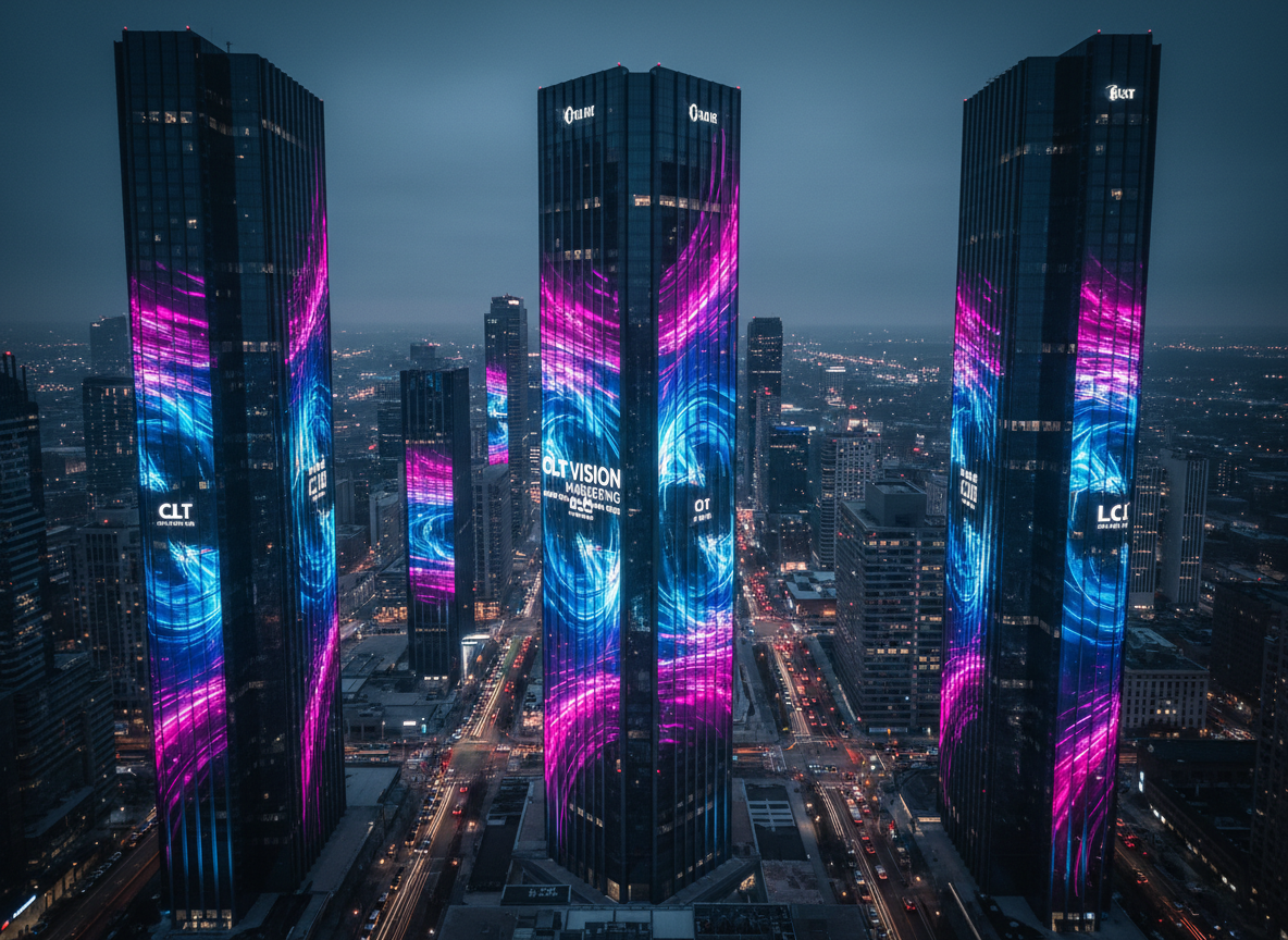 A nighttime cityscape seen from high above, with towering dark glass buildings whose entire facades transform into massive, synchronized digital billboards. Each building displays cohesive, vivid advertising visuals in the same brand color palette of electric blue, magenta, and crisp white. The streets below are subtly blurred light trails, suggesting constant movement and audience engagement. A soft, moody sky glows faintly with distant city lights. Photographic realism with a wide-angle lens captures the sweeping scene, while high contrast lighting from the glowing screens bathes the architecture in color. The mood is powerful, ambitious, and expansive, symbolizing CLT VISION MARKETING amplifying a brand across an entire urban landscape.