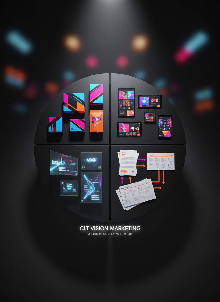 A dramatic overhead shot of a circular black table divided into four quadrants, each displaying a different marketing concept: bold packaging prototypes, vivid social media post grids, futuristic digital ad mockups, and printed brand strategy boards with sharp typography. The table surface is matte, contrasting with glossy, saturated print materials in electric blues, magentas, and neon accents. A focused spotlight from above creates a halo of light and distinct shadows radiating outward, emphasizing clarity and vision. The background softly fades into darkness with gentle bokeh, giving a photographic, cinematic realism and a confident, bold mood that symbolizes CLT VISION MARKETING orchestrating a complete creative strategy.