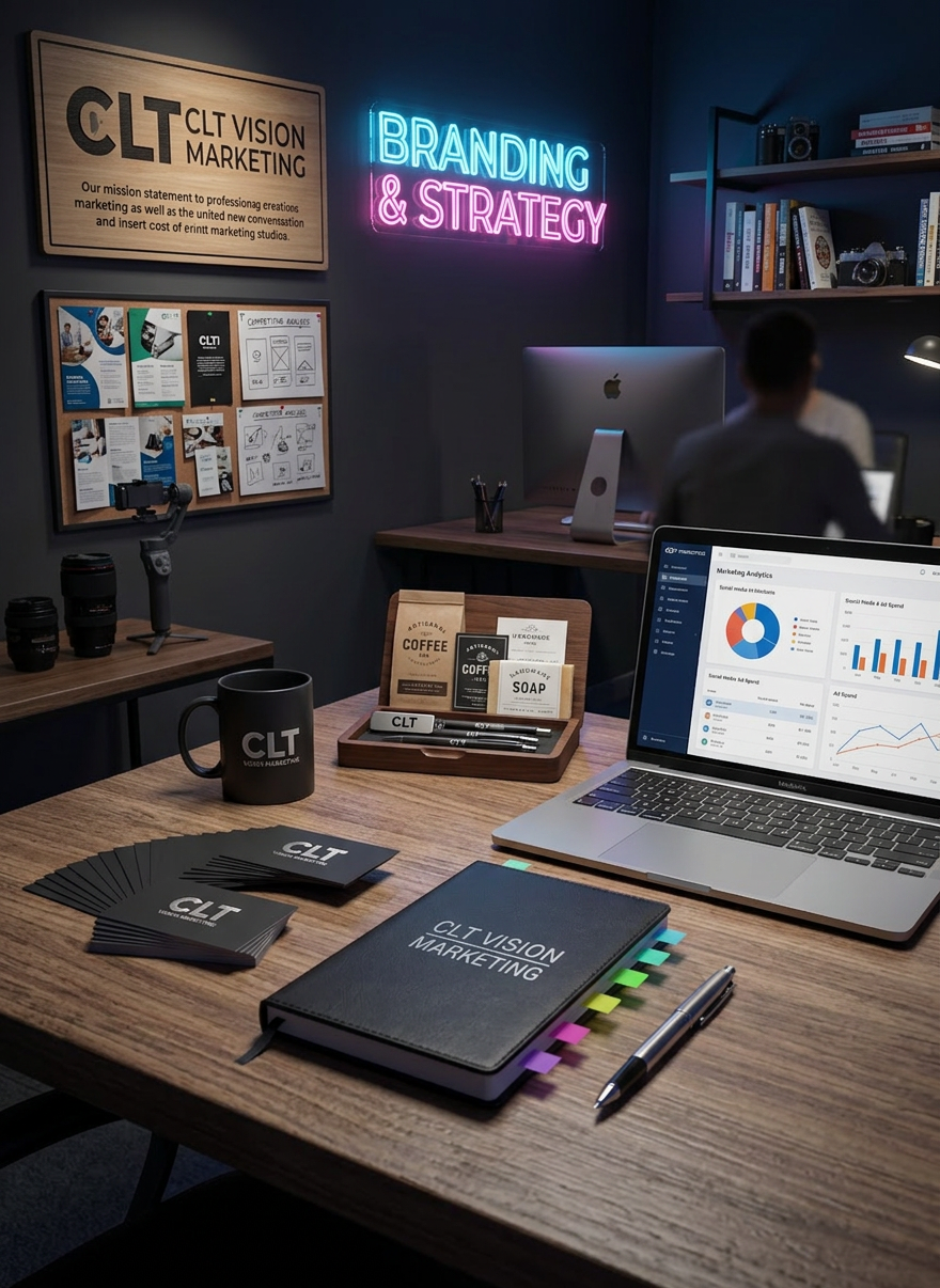 Desk with CLT Vision Marketing notebook, business cards, mug, pen, laptop with marketing analytics, and neon branding and strategy sign